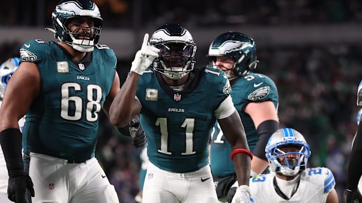 Nov 16, 2025; Philadelphia, Pennsylvania, USA; Philadelphia Eagles wide receiver A.J. Brown (11) reacts against the Detroit Lions during the first half at Lincoln Financial Field. 