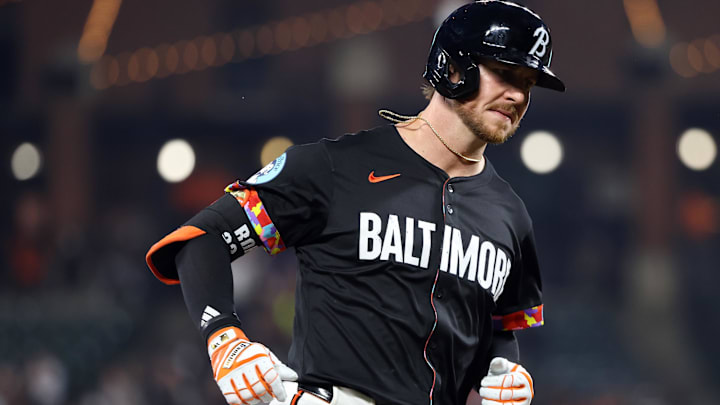 Jun 13, 2025; Baltimore, Maryland, USA; Baltimore Orioles outfielder Ryan O'Hearn (32) rounds the bases after hitting a home run during the second inning against the Los Angeles Angels at Oriole Park at Camden Yards. 
