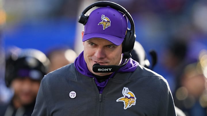 Dec 21, 2025; East Rutherford, New Jersey, USA; Minnesota Vikings head coach Kevin O'Connell during the first half at MetLife Stadium.
