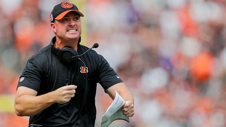 Sep 17, 2023; Cincinnati, Ohio, USA; Cincinnati Bengals head coach Zac Taylor reacts after a penalty is called in the first half in the game against the Baltimore Ravens at Paycor Stadium. Mandatory Credit: Katie Stratman-Imagn Images