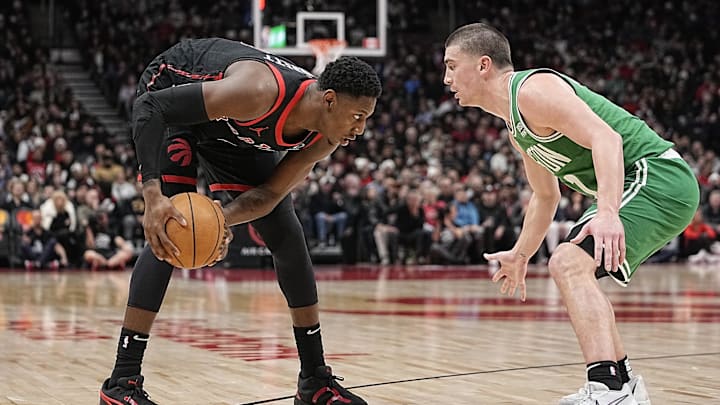 Jan 15, 2024; Toronto, Ontario, CAN; Toronto Raptors RJ Barrett (9) stares at Boston Celtics guard Payton Pritchard (11) during the second half at Scotiabank Arena. Mandatory Credit: John E. Sokolowski-Imagn Images Jan 15, 2024; Toronto, Ontario, CAN; Toronto Raptors RJ Barrett (9) stares at Boston Celtics guard Payton Pritchard (11) during the second half at Scotiabank Arena. Mandatory Credit: John E. Sokolowski-Imagn Images
