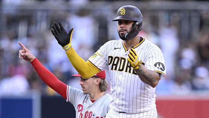Sep 4, 2023; San Diego, California, USA; San Diego Padres catcher Gary Sanchez (99) celebrates after hitting an RBI double against the Philadelphia Phillies during the seventh inning at Petco Park. Mandatory Credit: Orlando Ramirez-Imagn Images