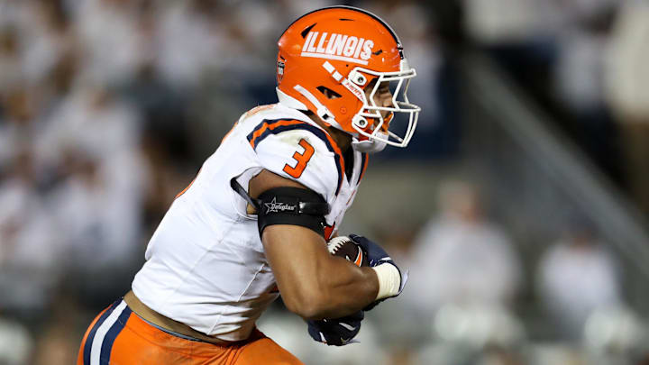 Sep 28, 2024; University Park, Pennsylvania, USA; Illinois Fighting Illini running back Kaden Feagin (3) runs during the second quarter against the Penn State Nittany Lions at Beaver Stadium. Mandatory Credit: Matthew O'Haren-Imagn Images Sep 28, 2024; University Park, Pennsylvania, USA; Illinois Fighting Illini running back Kaden Feagin (3) runs during the second quarter against the Penn State Nittany Lions at Beaver Stadium. Mandatory Credit: Matthew O'Haren-Imagn Images