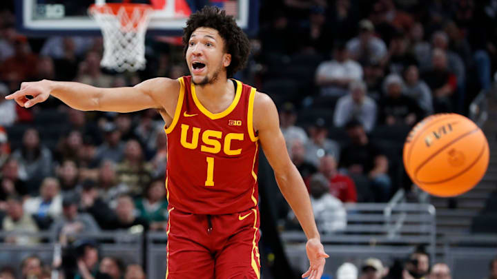 USC Trojans guard Desmond Claude (1) reacts after being called for a foul Thursday, March 13, 2025, during the Big Ten Men’s Basketball Tournament game against the Purdue Boilermakers at Gainbridge Fieldhouse in Indianapolis. Purdue Boilermakers won 76-71. USC Trojans guard Desmond Claude (1) reacts after being called for a foul Thursday, March 13, 2025, during the Big Ten Men’s Basketball Tournament game against the Purdue Boilermakers at Gainbridge Fieldhouse in Indianapolis. Purdue Boilermakers won 76-71.
