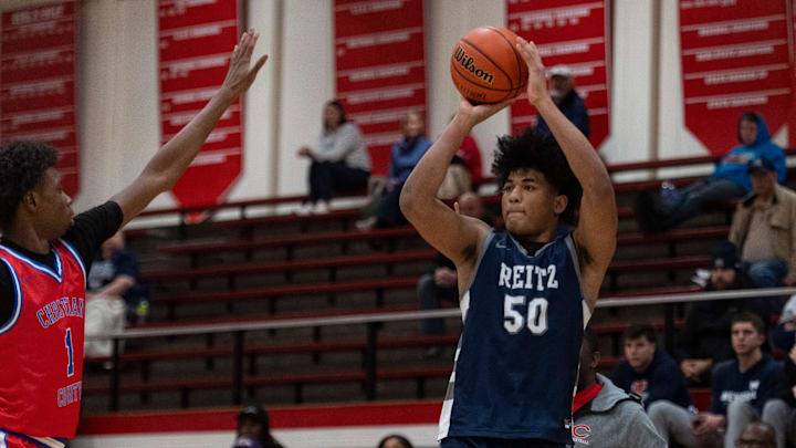 Reitz’s Jaylan Mitchell (50) takes a shot as the Reitz Panthers play the Christian County Colonels during the fifth annual Banterra Bank Warrior Showcase at Harrison High School in Evansville, Ind., Saturday, Jan. 18, 2025.