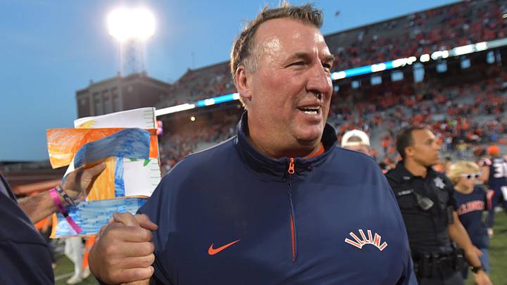 Oct 12, 2024; Champaign, Illinois, USA; Illinois Fighting Illini head coach Bret Bielema celebrates a 50-49 win over the Purdue Boilermakers at Memorial Stadium. Mandatory Credit: Ron Johnson-Imagn Images Oct 12, 2024; Champaign, Illinois, USA; Illinois Fighting Illini head coach Bret Bielema celebrates a 50-49 win over the Purdue Boilermakers at Memorial Stadium. Mandatory Credit: Ron Johnson-Imagn Images