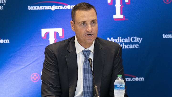 Oct 24, 2022; Arlington, TX, USA; Texas Rangers general manager Chris Young speaks during a news conference introducing Bruce Bochy as team manager at Globe Life Field. 