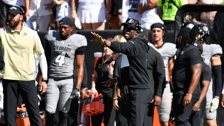 Sep 30, 2023; Boulder, Colorado, USA; Colorado Buffaloes head coach Deion Sanders yells to his team