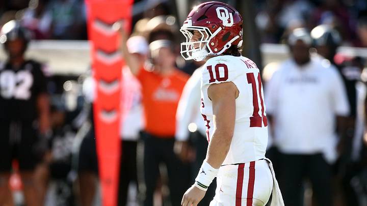 Oklahoma quarterback John Mateer (10) looks on during the second quarter against Mississippi State at Davis Wade Stadium at Scott Field. | Petre Thomas