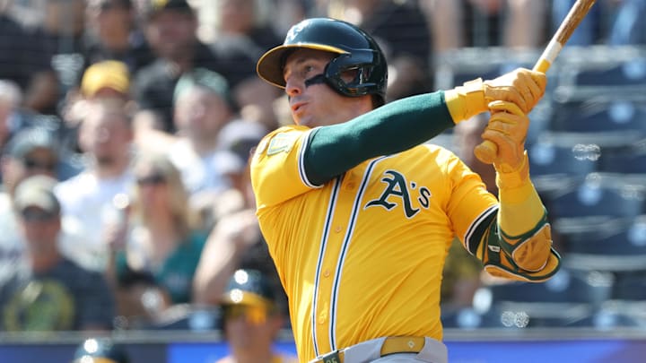 Sep 21, 2025; Pittsburgh, Pennsylvania, USA; Athletics designated hitter Brent Rooker (25) hits a single against the Pittsburgh Pirates during the first inning at PNC Park. Mandatory Credit: Charles LeClaire-Imagn Images Sep 21, 2025; Pittsburgh, Pennsylvania, USA; Athletics designated hitter Brent Rooker (25) hits a single against the Pittsburgh Pirates during the first inning at PNC Park. Mandatory Credit: Charles LeClaire-Imagn Images
