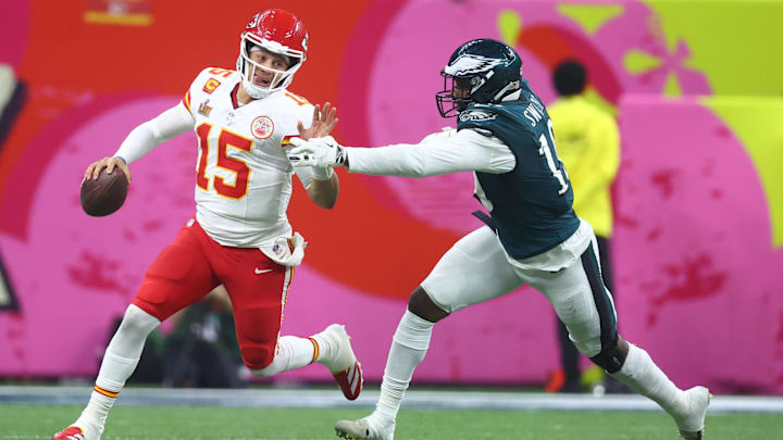 Feb 9, 2025; New Orleans, LA, USA; Kansas City Chiefs quarterback Patrick Mahomes (15) is tackled by Philadelphia Eagles linebacker Josh Sweat (19) in Super Bowl LIX between the Philadelphia Eagles and the Kansas City Chiefs at Ceasars Superdome. Mandatory Credit: Mark J. Rebilas-Imagn Images