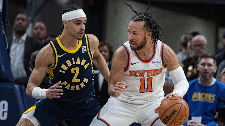 Feb 11, 2025; Indianapolis, Indiana, USA; New York Knicks guard Jalen Brunson (11) dribbles the ball while Indiana Pacers guard Andrew Nembhard (2) defends in the first half at Gainbridge Fieldhouse. Mandatory Credit: Trevor Ruszkowski-Imagn Images Feb 11, 2025; Indianapolis, Indiana, USA; New York Knicks guard Jalen Brunson (11) dribbles the ball while Indiana Pacers guard Andrew Nembhard (2) defends in the first half at Gainbridge Fieldhouse. Mandatory Credit: Trevor Ruszkowski-Imagn Images