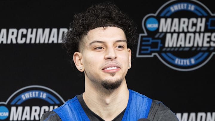 Mar 27, 2025; Indianapolis, IN, USA;  Kentucky Wildcats guard Koby Brea (4) talks to the media during practice day at Lucas Oil Stadium. Mandatory Credit: Trevor Ruszkowski-Imagn Images