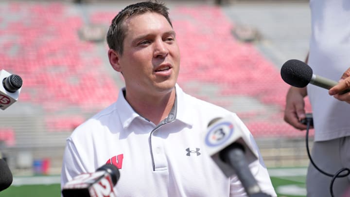 Wisconsin Badgers defensive coordinator coach Jim Leonhard was named interim head coach after Paul Chryst was fired Sunday.
Badgers Media Day 0577 Wisconsin Badgers defensive coordinator coach Jim Leonhard was named interim head coach after Paul Chryst was fired Sunday.
Badgers Media Day 0577