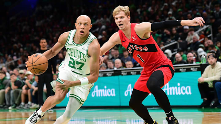 Oct 13, 2024; Boston, Massachusetts, USA; Boston Celtics guard Jordan Walsh (27) drives to the basket past Toronto Raptors guard Gradey Dick (1) during the first half at TD Garden. Mandatory Credit: Bob DeChiara-Imagn Images Oct 13, 2024; Boston, Massachusetts, USA; Boston Celtics guard Jordan Walsh (27) drives to the basket past Toronto Raptors guard Gradey Dick (1) during the first half at TD Garden. Mandatory Credit: Bob DeChiara-Imagn Images