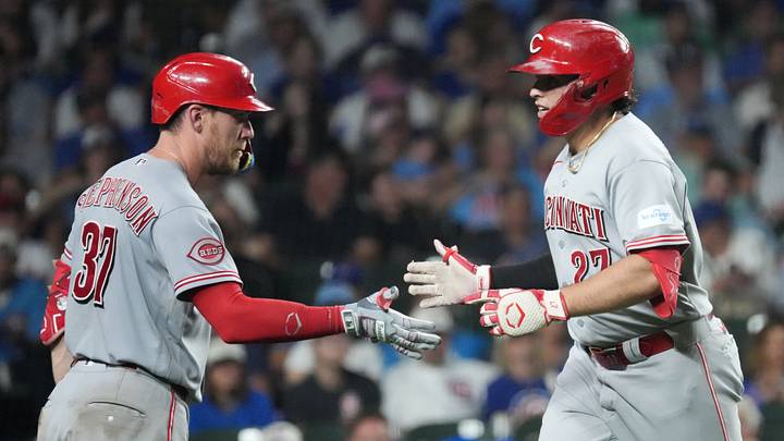Aug 30, 2026; Chicago, Illinois, USA; Cincinnati Reds first baseman Sal Stewart (27) is greeted by catcher Tyler Stephenson (37) after hitting a home run against the Chicago Cubs during the seventh inning at Wrigley Field. Mandatory Credit: David Banks-Imagn Images Aug 30, 2026; Chicago, Illinois, USA; Cincinnati Reds first baseman Sal Stewart (27) is greeted by catcher Tyler Stephenson (37) after hitting a home run against the Chicago Cubs during the seventh inning at Wrigley Field. Mandatory Credit: David Banks-Imagn Images