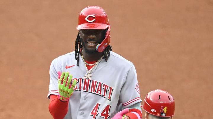 May 16, 2026; Cleveland, Ohio, USA; Cincinnati Reds shortstop Elly De La Cruz (44) celebrates his single in the third inning against the Cleveland Guardians at Progressive Field. Mandatory Credit: David Richard-Imagn Images