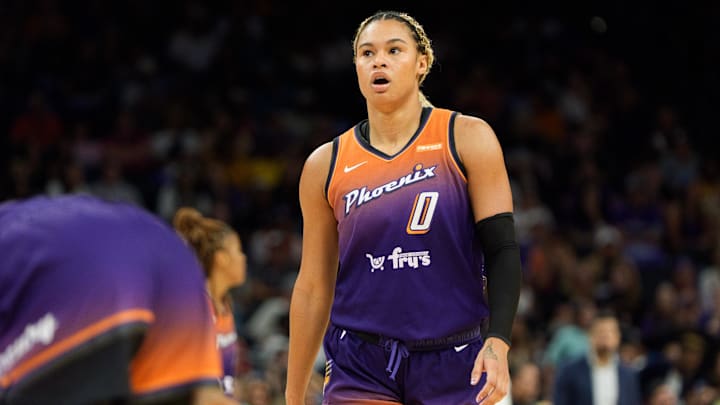 Sep 14, 2025; Phoenix, Arizona, USA; Phoenix Mercury forward Satou Sabally (0) reacts between plays during the second half against the New York Liberty during game one of the 2025 WNBA Playoffs round one at PHX Arena. Mandatory Credit: Allan Henry-Imagn Images