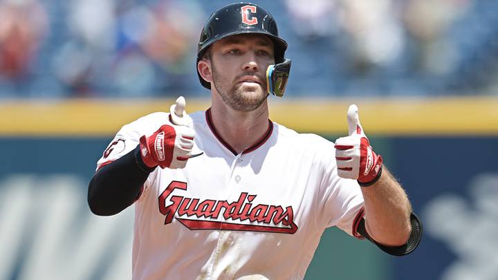 Jul 1, 2026: Cleveland Guardians left fielder David Fry (6) rounds the bases after hitting a home run during the second inning against the Texas Rangers at Progressive Field. Credit: Ken Blaze-Imagn Images