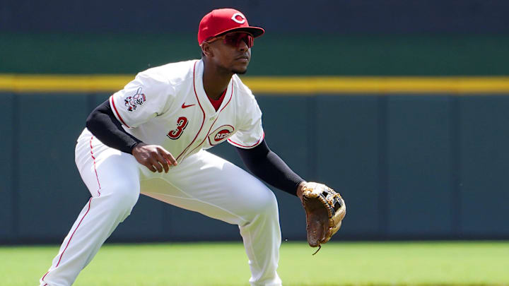 Cincinnati Reds third baseman Ke'Bryan Hayes (3) gets in position in the first inning of a MLB game between the Cincinnati Reds and Atlanta Braves, Friday, Aug. 1, 2025, at Great American Ball Park in Downtown Cincinnati.