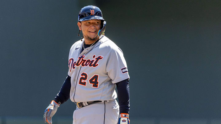 Detroit Tigers designated hitter Miguel Cabrera (24) looks into the dugout after reaching base.