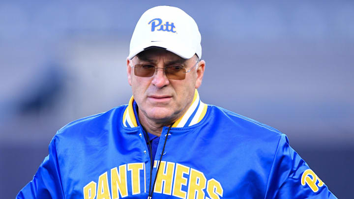 Nov 11, 2023; New York, New York, USA;  Pittsburgh Panthers head coach Pat Narduzzi watches warm ups before the game against against the Syracuse Orange at Yankee Stadium. Mandatory Credit: Dennis Schneidler-Imagn Images