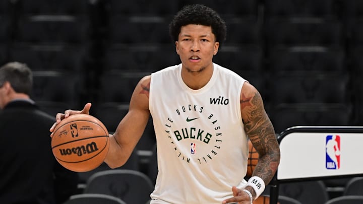 Jan 14, 2025; Milwaukee, Wisconsin, USA;  Milwaukee Bucks guard MarJon Beauchamp (3) warms up before game against the Sacramento Kings at Fiserv Forum. Mandatory Credit: Benny Sieu-Imagn Images