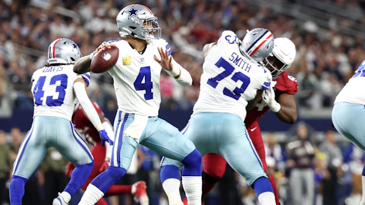 Dallas Cowboys quarterback Dak Prescott looks to pass against the Arizona Cardinals. Dallas Cowboys quarterback Dak Prescott looks to pass against the Arizona Cardinals.