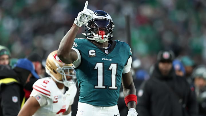 Jan 11, 2026; Philadelphia, PA, USA; Philadelphia Eagles wide receiver A.J. Brown (11) celebrates first down against the San Francisco 49ers during the first quarter in an NFC Wild Card Round game at Lincoln Financial Field. Mandatory Credit: Bill Streicher-Imagn Images