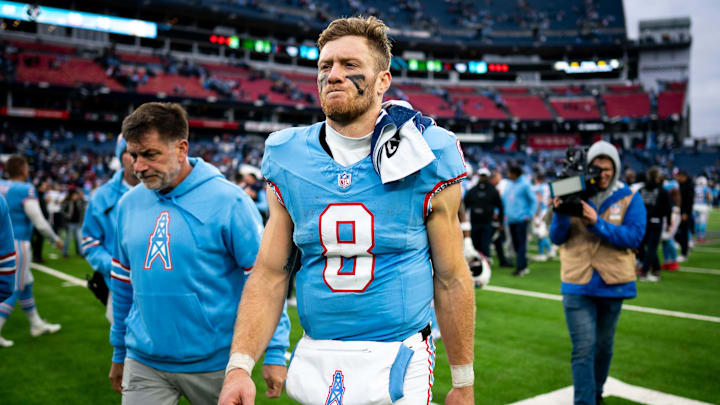 Tennessee Titans quarterback Will Levis exits the field after their loss to the Houston Texans at Nissan Stadium in Nashville, Tenn., Sunday, Dec. 17, 2023.