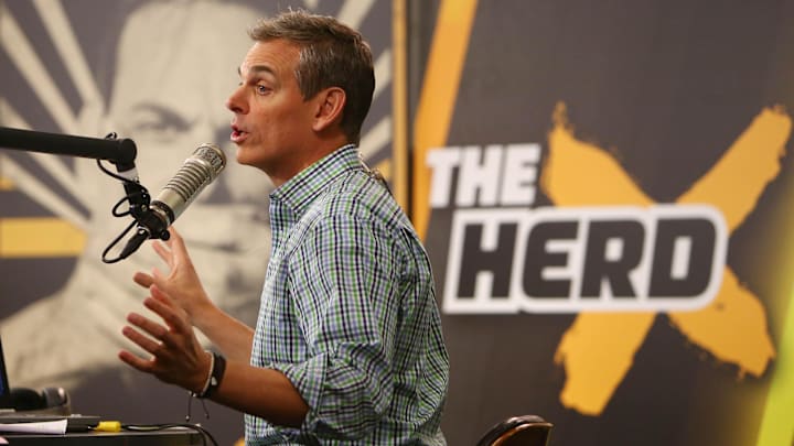 Feb 1, 2016; San Francisco, CA, USA; Radio personality Colin Cowherd broadcasts on radio row at the Moscone Center in advance of Super Bowl 50 between the Carolina Panthers and the Denver Broncos. Mandatory Credit: Jerry Lai-Imagn Images