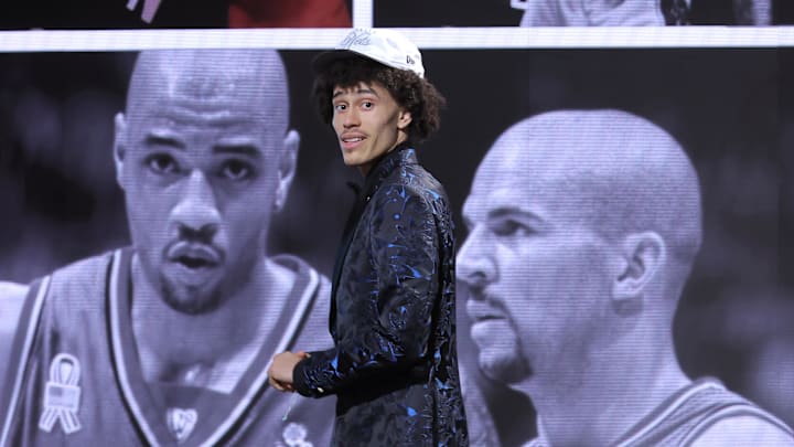 Jun 25, 2025; Brooklyn, NY, USA;  Nolan Traore reacts after being selected as the 19th pick by the Brooklyn Nets in the first round of the 2025 NBA Draft at Barclays Center. Mandatory Credit: Brad Penner-Imagn Images