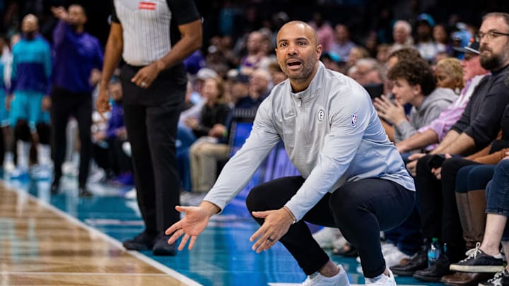 Mar 8, 2025; Charlotte, North Carolina, USA; Brooklyn Nets head coach Jordi Fernandez reacts during the fourth quarter against the Charlotte Hornets at Spectrum Center. Mandatory Credit: Scott Kinser-Imagn Images