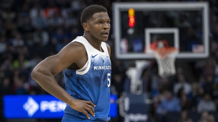 Apr 12, 2024; Minneapolis, Minnesota, USA; Minnesota Timberwolves guard Anthony Edwards (5).