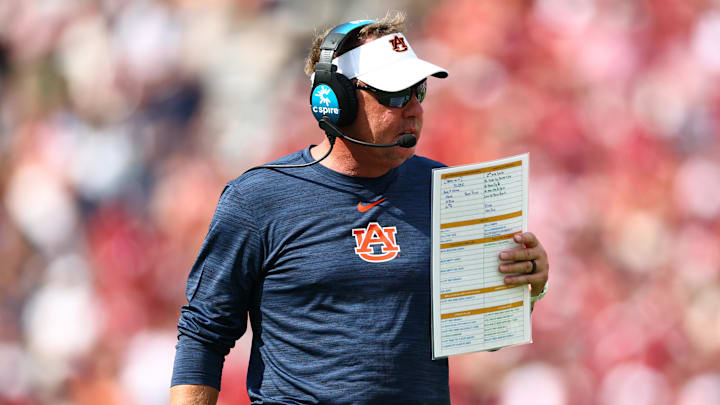 Sep 20, 2025; Norman, Oklahoma, USA;  Auburn Tigers head coach Hugh Freeze during the first half against the Oklahoma Sooners at Gaylord Family-Oklahoma Memorial Stadium. Mandatory Credit: Kevin Jairaj-Imagn Images