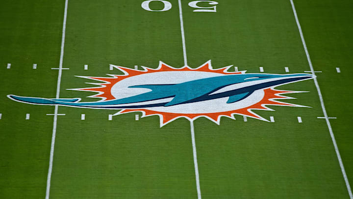 Sep 20, 2020; Miami Gardens, Florida, USA; A general view of the Miami Dolphins logo painted on the field at Hard Rock Stadium prior to the game between the Miami Dolphins and the Buffalo Bills. Mandatory Credit: Jasen Vinlove-Imagn Images