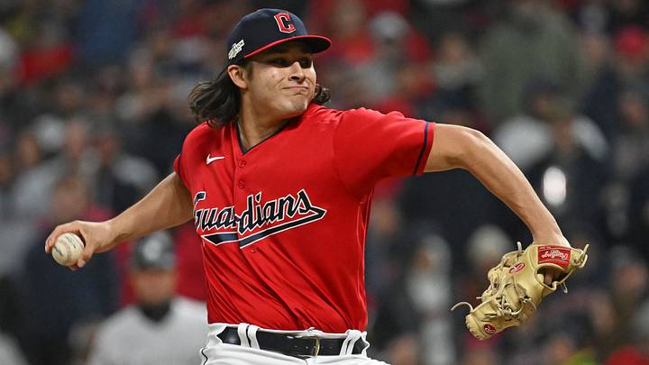 Oct 15, 2022: Cleveland Guardians relief pitcher Eli Morgan (49) throws a pitch in the ninth inning during game three of the NLDS for the 2022 MLB Playoffs against the New York Yankees at Progressive Field. Credit: Ken Blaze-USA TODAY Sports