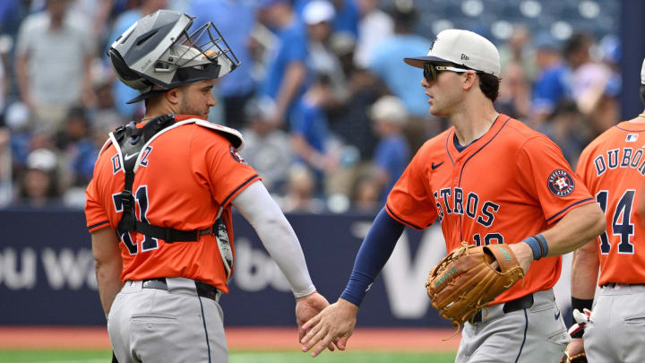 Jul 4, 2024; Toronto, Ontario, CAN; Houston Astros players celebrate after a win. Jul 4, 2024; Toronto, Ontario, CAN; Houston Astros players celebrate after a win.