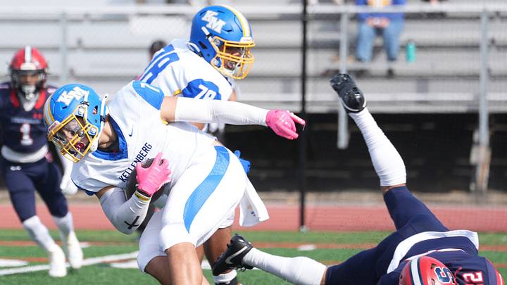 Kellenberg Memorial's Jaden McLeod runs the ball in a New York Catholic High School Football League regular season game against Archbishop Stepinac last season. The Firebirds upset Chaminade, 21-10, in their season opener on Saturday. Kellenberg Memorial's Jaden McLeod runs the ball in a New York Catholic High School Football League regular season game against Archbishop Stepinac last season. The Firebirds upset Chaminade, 21-10, in their season opener on Saturday.