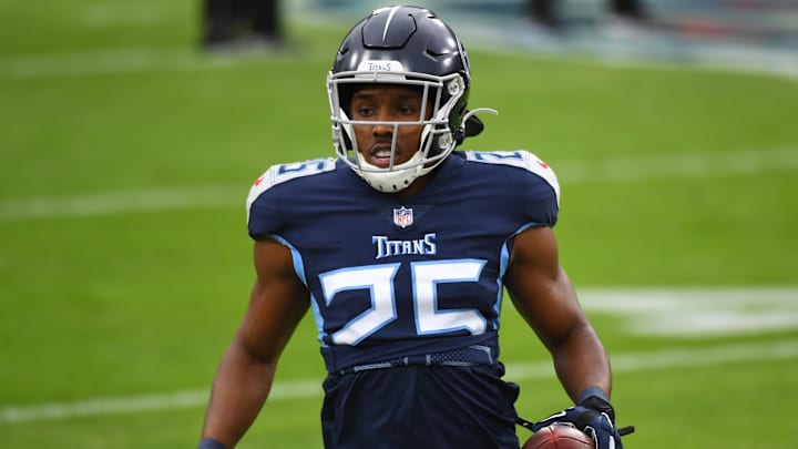 Dec 20, 2020; Nashville, Tennessee, USA; Tennessee Titans cornerback Adoree' Jackson (25) warms up before the game against the Detroit Lions at Nissan Stadium. Mandatory Credit: Christopher Hanewinckel-Imagn Images