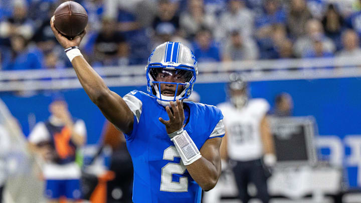 Nov 17, 2024; Detroit, Michigan, USA; Detroit Lions quarterback Hendon Hooker (2) passes the ball against the Jacksonville Jaguars during the second half at Ford Field. Mandatory Credit: David Reginek-Imagn Images