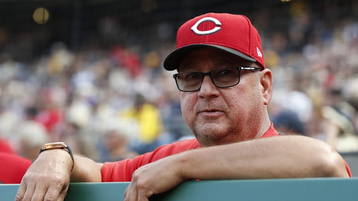 Aug 9, 2025; Pittsburgh, Pennsylvania, USA;  Cincinnati Reds manager Terry Francona (77) looks on before the game against the Pittsburgh Pirates at PNC Park. Mandatory Credit: Charles LeClaire-Imagn Images