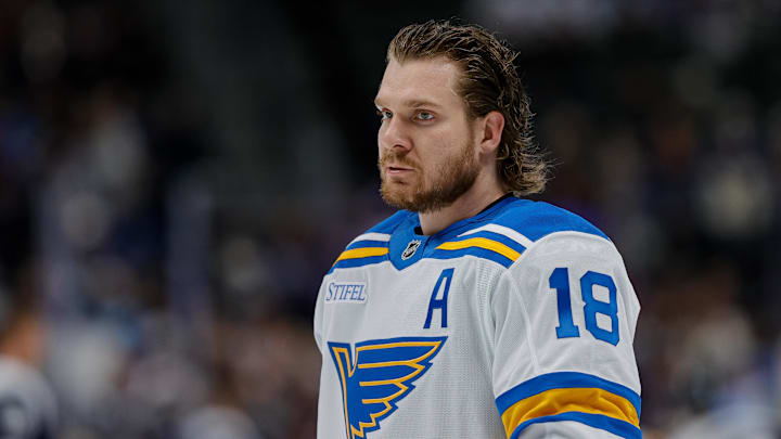 Dec 31, 2025; Denver, Colorado, USA; St. Louis Blues center Robert Thomas (18) before the game against the Colorado Avalanche at Ball Arena. Mandatory Credit: Isaiah J. Downing-Imagn Images Dec 31, 2025; Denver, Colorado, USA; St. Louis Blues center Robert Thomas (18) before the game against the Colorado Avalanche at Ball Arena. Mandatory Credit: Isaiah J. Downing-Imagn Images
