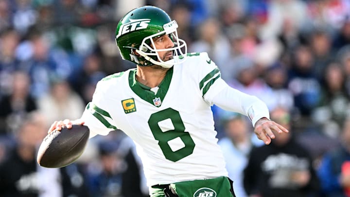 Oct 27, 2024; Foxborough, Massachusetts, USA; New York Jets quarterback Aaron Rodgers (8) looks to pass against the New England Patriots during the second half at Gillette Stadium. Mandatory Credit: Brian Fluharty-Imagn Images