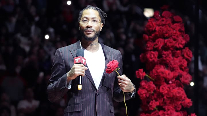 Jan 4, 2025; Chicago, Illinois, USA; Chicago Bulls and New York Knicks former player Derrick Rose speaks as he is honored at halftime of a game between the Chicago Bulls and the New York Knicks at United Center. Mandatory Credit: David Banks-Imagn Images