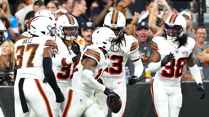 Sep 29, 2024; Paradise, Nevada, USA; Cleveland Browns safety Rodney McLeod Jr. (12) celebrates with team mates after scoring a touchdown off a Las Vegas Raiders fumble during the fourth quarter at Allegiant Stadium. Mandatory Credit: Stephen R. Sylvanie-Imagn Images