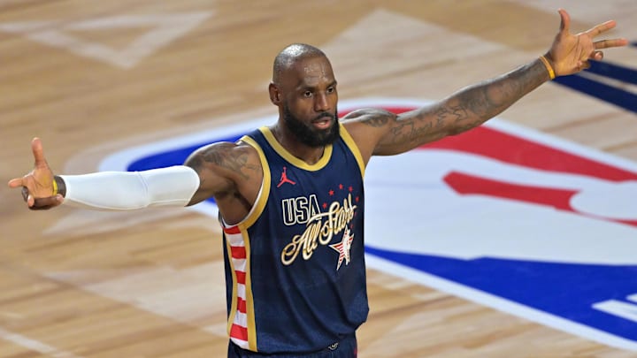 Feb 15, 2026; Inglewood, California, USA; Team USA Stripes forward LeBron James (23) of the Los Angeles Lakers celebrates after game two during the 75th NBA All Star Game at Intuit Dome. Mandatory Credit: Jayne Kamin-Oncea-Imagn Images