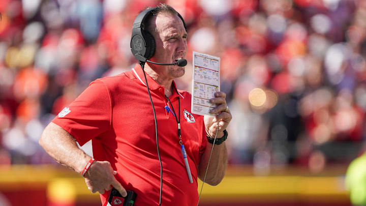Sep 24, 2023; Kansas City, Missouri, USA; Kansas City Chiefs defensive coordinator Steve Spagnuolo watches play against the Chicago Bears during the game at GEHA Field at Arrowhead Stadium. Mandatory Credit: Denny Medley-Imagn Images