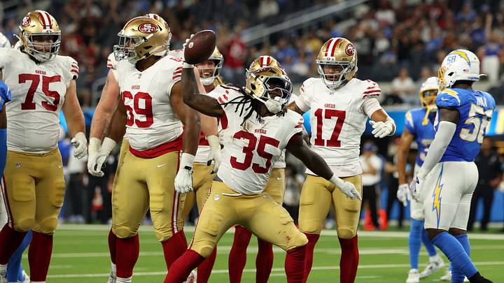 Aug 20, 2026; Inglewood, California, USA; San Francisco 49ers running back Sincere McCormick (35) celebrates after scoring a touchdown during the second quarter against the Los Angeles Chargers at SoFi Stadium. Mandatory Credit: Kiyoshi Mio-Imagn Images Aug 20, 2026; Inglewood, California, USA; San Francisco 49ers running back Sincere McCormick (35) celebrates after scoring a touchdown during the second quarter against the Los Angeles Chargers at SoFi Stadium. Mandatory Credit: Kiyoshi Mio-Imagn Images