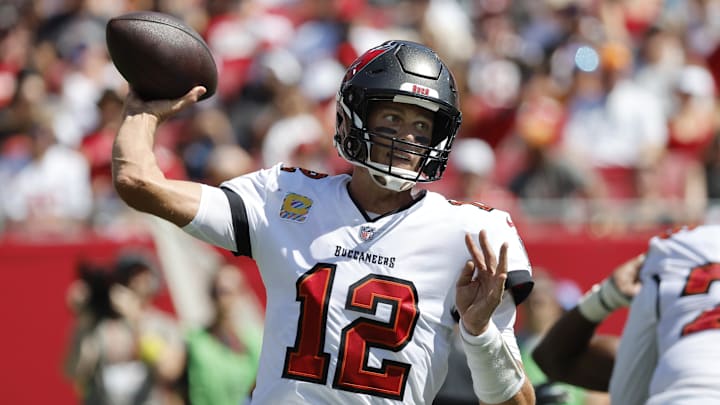 Oct 9, 2022; Tampa, Florida, USA;Tampa Bay Buccaneers quarterback Tom Brady (12) throws the ball